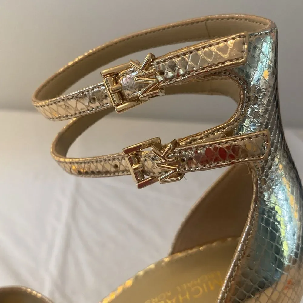 Michael Kors Sexy Gold Tone Round Toe Dual Ankle Strap Stilettos in Size 6.5